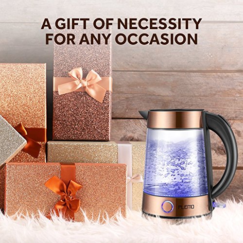PLEMO Electric Kettle, LED-Lit Fast Water Boiler, Quick-Boil Glass Tea Kettle with Atmospheric Illumination, 1500 W Enclosed Heating Element and Cool Touch Handle, 1.7 L