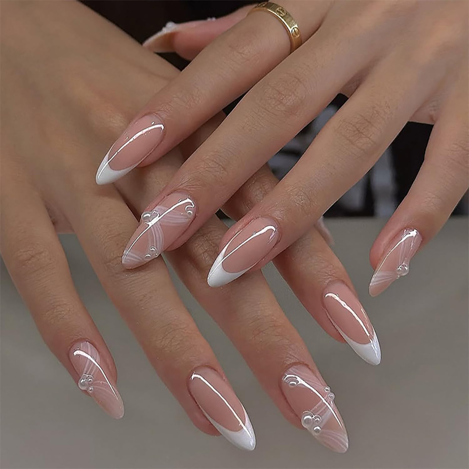 Photo 1 of 24Pcs White French Tip Press on Nails Medium Almond Fake Nails with Pearl Ribbon Designs Stick on Nails French False Nails Full Cover Nude Acrylic Nails Glossy Glue on Nails for Women Nail Decoration