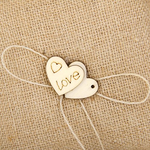 FENICAL Burlap Wedding Ring Pillow Bridal Ring Bearer Pillow Cushion with Wood Double Heart 18x18cm