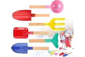 UMUACCAN 6 Piece Kids Beach Tools,Children Beach Sand Toys, Made of Metal with Sturdy Wooden Handle,Safe Beach Gardening Set,Spoon, Fork, Trowel, Rake & Shovel for Kids