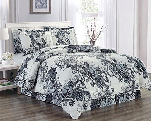 Ultra Soft Microfiber 8 PC Floral Scroll Printed Down Alternative Bed in a Bag, Bedding Set (Holly, King)