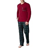 KUYIGO Mens Pajamas Set Sleepwear V Neck Long Sleeve Top and Plaid Pants 2 Piece Pjs Loungewear with Pockets