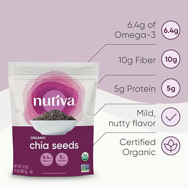 NUTIVA USDA ORGANIC PREMIUM NUTRIENT-DENSE RAW BLACK CHIA SEEDS WITH 3G PROTEIN & 5G FIBER FOR SALADS, YOGURT & SMOOTHIES, NON-GMO, VEGAN, GLUTEN-FREE, KETO & PALEO, 32 OUNCE
