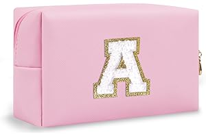 CHAOGREAT Personalized Initial A-Z Preppy Patch Makeup Bag,Small PU Chenille Letter Cosmetic Bag with Zipper for Teen Girls,Pink Cute Toiletry Organizer Bag,Monogram Makeup Case Gift for Women Girls,Letter A