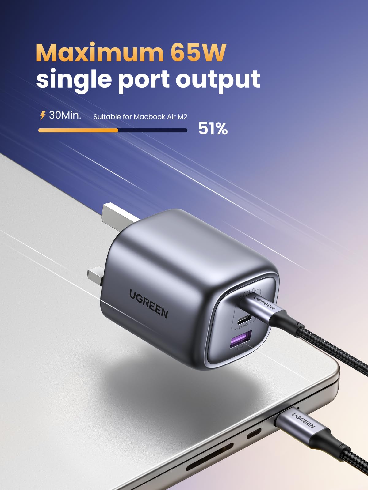 Ugreen 65W Gan Charger Uk Size Comparison Showing Compact Dimensions Next To Standard Laptop Charger