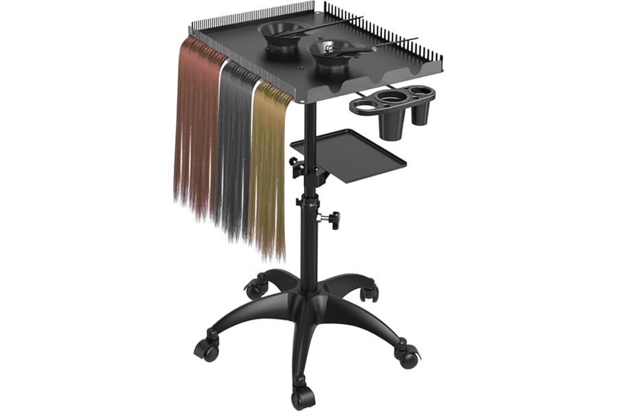 ZHOOGE Hairstylist Rolling Cart, Salon Trolley With Storage Platform and Hair Separator Stand, Coloring Tray With Dye Bowls and Tools, Black