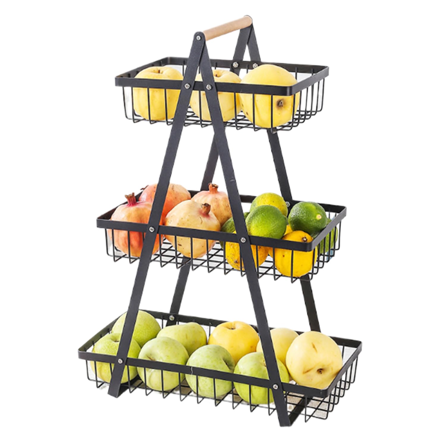 3 Tier Fruit Basket,Vegetable Rack,Bread Basket,Detachable Mesh Fruit Baskets With Wooden Handle,Vegetable Storage Rack For Kitchens Home,Office,Vegetables,Onion,Banana,Potato,Snack Basket(Black)