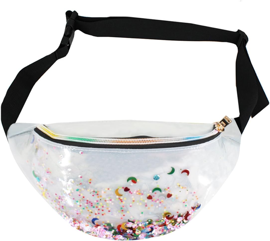 Van Caro Women Holographic Waist Bag PVC Transparent Fanny Pack Vacation Beach Belt Bag, A-Milky