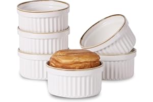 ONTUBE Ramekins- Porcelain Souffle Dish Oven Safe Set of 6 (Brown/White, 8oz)