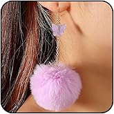 Fluffy Rave Pom Pom Earrings for Women Handmade Faux Fur Ball Butterfly Dangle Earrings Unique Fairy Earrings Birthday Gifts Christmas Accessories