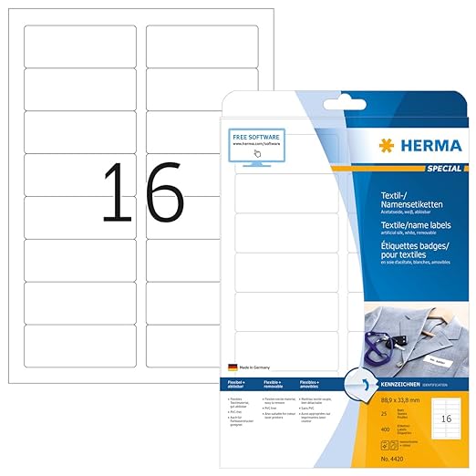 Herma 4420 Namensetiketten ablösbar (88,9 x 33,8 mm) weiß, 400 Namensaufkleber, 25 Blatt DIN A4, selbstklebende Textil-Namens
