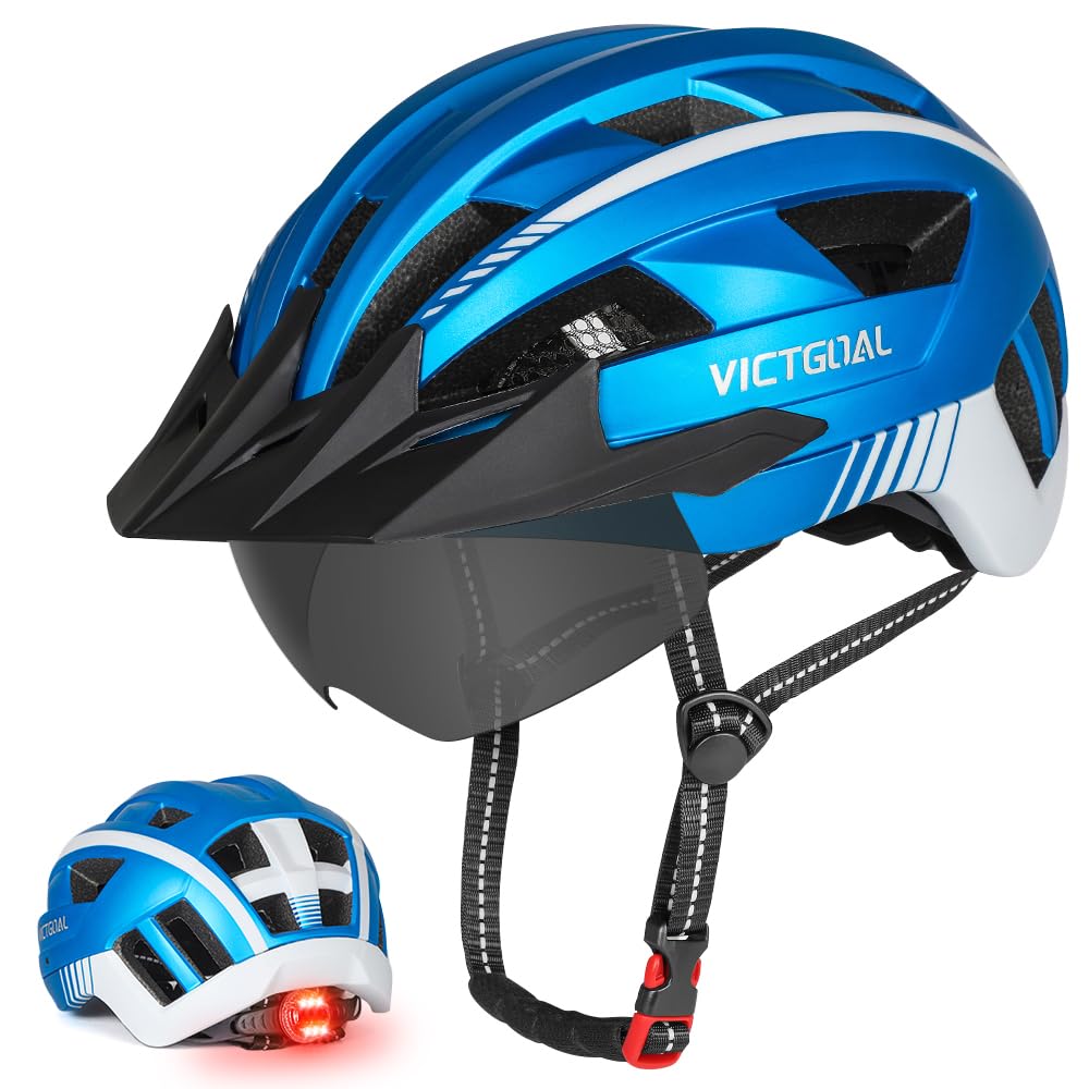 Victgoal Bike Helmet for Men Women with Led Light Detachable Magnetic Goggles Visor Mountain & Road Bicycle Helmets Adjustable Size Adult Cycling Helmets (Metal Blue, M: 21.3-22.8 inch (54-58 cm))