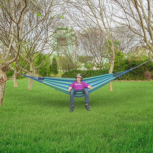OnCloud Double Hammock for Travel Camping Backyard, Porch, Outdoor or Indoor Use, Carrying Pouch Included Blue/Green Stripes