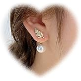 W WEILIRIAN Boho Pearl Drop Earrings for Teen Girls Crystal Leaf Jacket Earrings Gold Leaf Stud Earrings Pearl Wedding Earrings Front Back Earrings Jewelry for Women Gifts