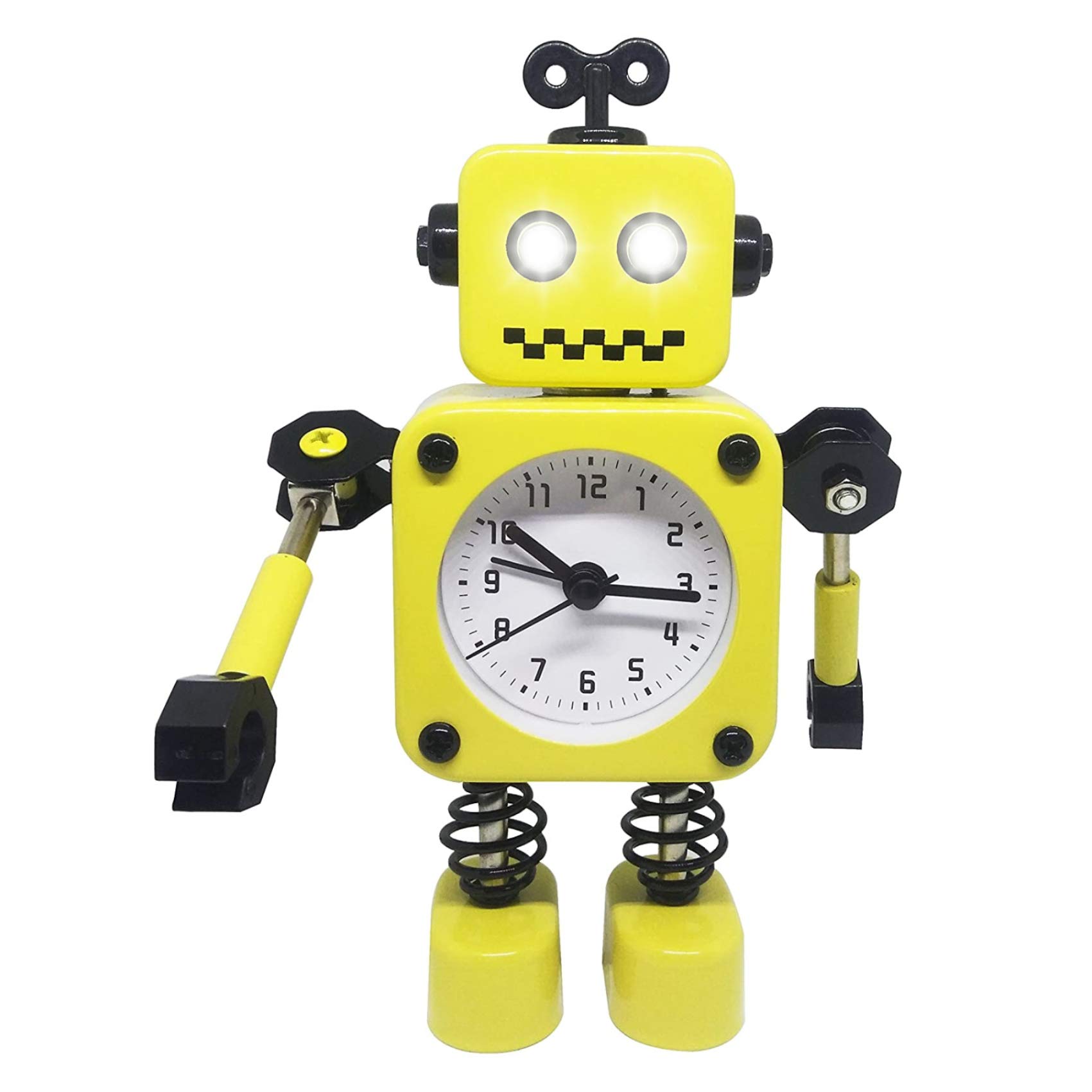 Diskary Robot Alarm Clock,Stainless Metal Non-Ticking Wake-up Clock with Flashing Eye Lights and Rotating Arm,Gift to Children (Yellow)