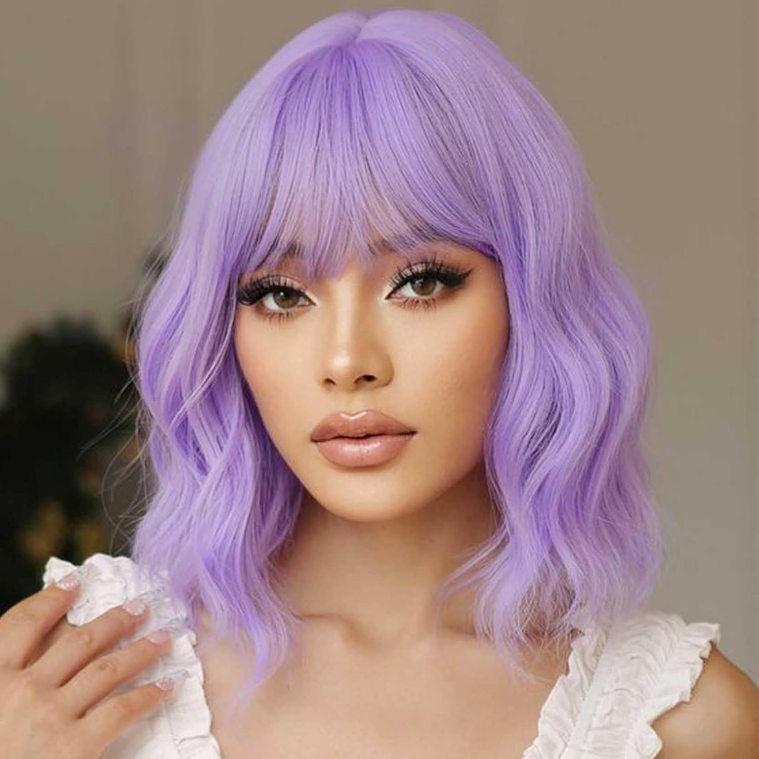 ColorfulPanda Purple Wigs for Women Short Wavy Bob Wig with Fringe Shoulder Length Natural Curly Wavy Synthetic Hair Halloween Cosplay Wig for Ladies Costume Party 14inch โ image 1