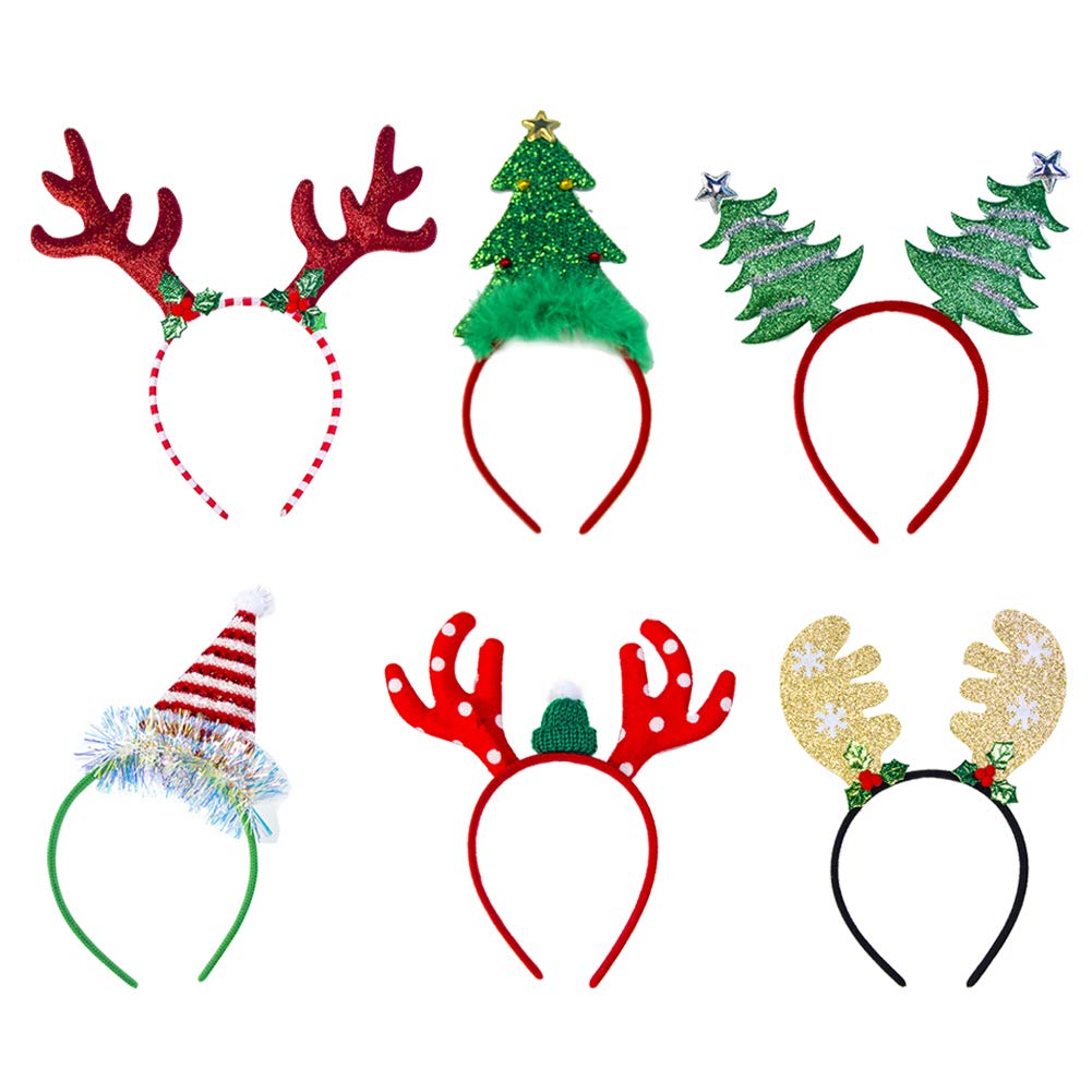 Feelava Christmas Headbands,Xmas Party Headbands 6 Styles Reindeer Antler Costume Fun Xmas Tree Santa Hat Headwear for Kids Adult,Christmas Holiday Party Supplies Favors
