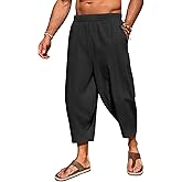 Runcati Mens Cotton Harem Capri Pants Yoga Beach Baggy 3/4 Shorts Pants Casual Elastic Waist Hippie Boho Pants