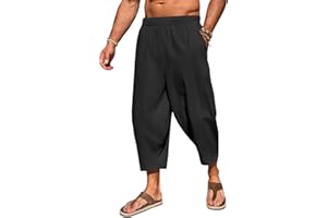 Runcati Mens Cotton Harem Capri Pants Yoga Beach Baggy 3/4 Shorts Pants Casual Elastic Waist Hippie Boho Pants