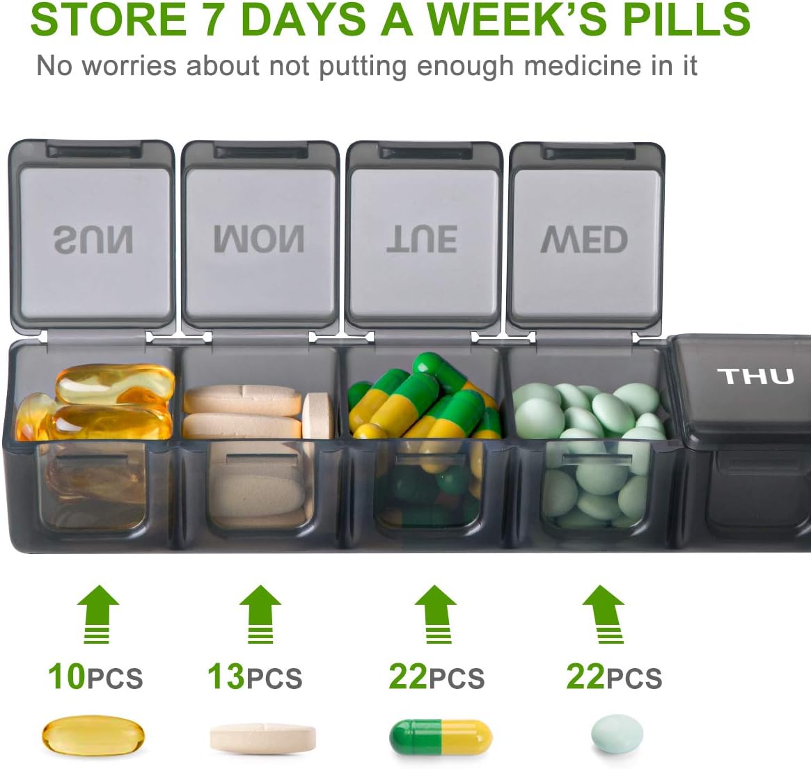 Extra Large Weekly Pill Organizer, Sukuos XL Daily Pill Cases for Pills/Vitamin/Fish Oil/Supplements (Black): Health & Personal Care