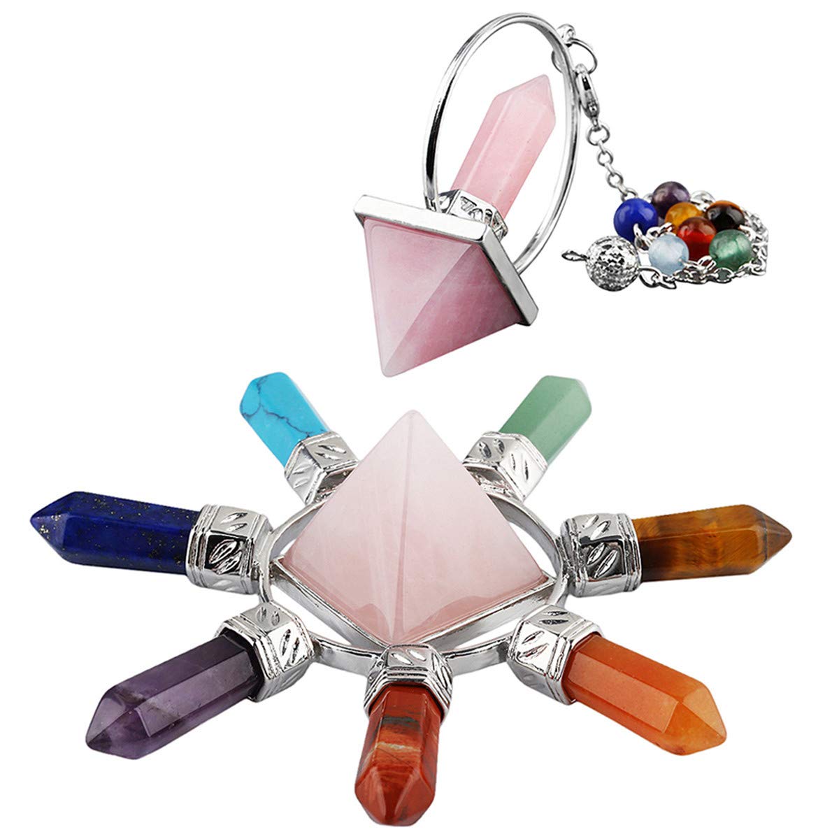 Nupuyai Rose Quartz 7 Chakra Pyramid and Pendulum Set, Healing Stone Kit, Energy Pyramid with Crystal Point for Protection Dowsing Chakra Healing and Meditation Yoga Balancing