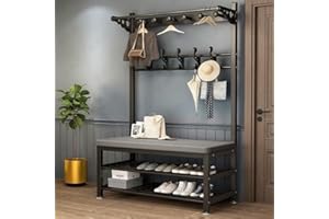Industrial Hall Tree with 11 Hooks and 2-Tier Shoe Stand, Hallway Coat Rack Stand with Bench/Leather Cushion, Free Standing C