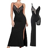 Popilush Maxi Dresses for Women Deep V Neck Shapewear Lace Satin high Slit Bodycon Cocktail Dress Party Going Out