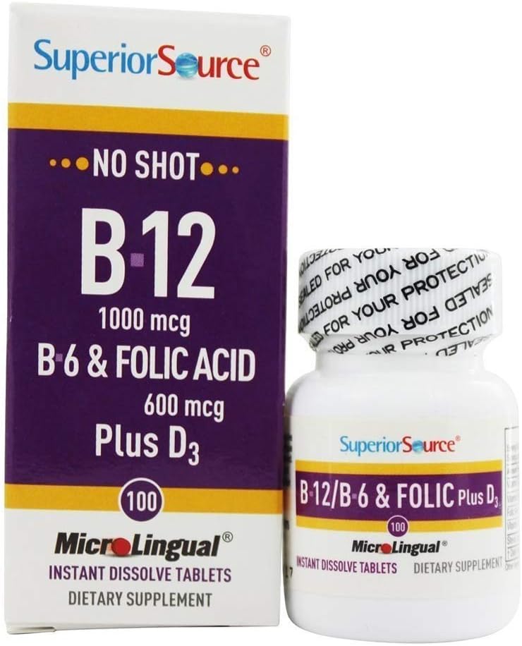 Superior Source No Shot Vitamin B12 Cyanocobalamin - B6 - Folic Acid - Vitamin D Instant Dissolve Tablets - Cyanocobalamin 1000 mcg Vit D 1000 IU - Active B12 Supplement Sublingual 100 Count