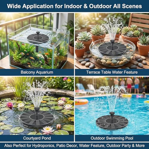 Outdoor Solar Garden Fountain with 6 Nozzles & 4 Fixed Rods, Outdoor Solar Pump for Bird Bath Aquarium Garden