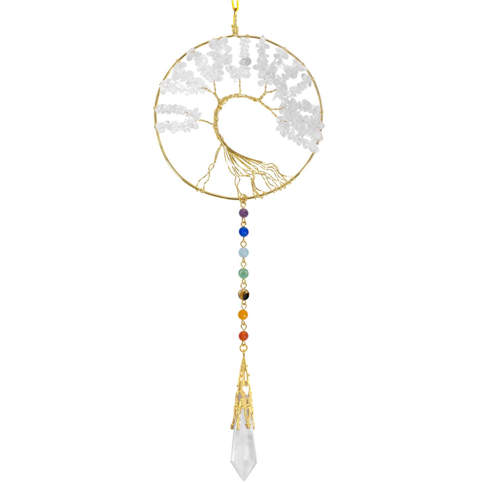 Nupuyai Rock Crystal Tree of Life Hanging Ornament, Chakra Healing Energy Crystal Point Pendent Spiritual Ornament for Home Office Wall Window Decor