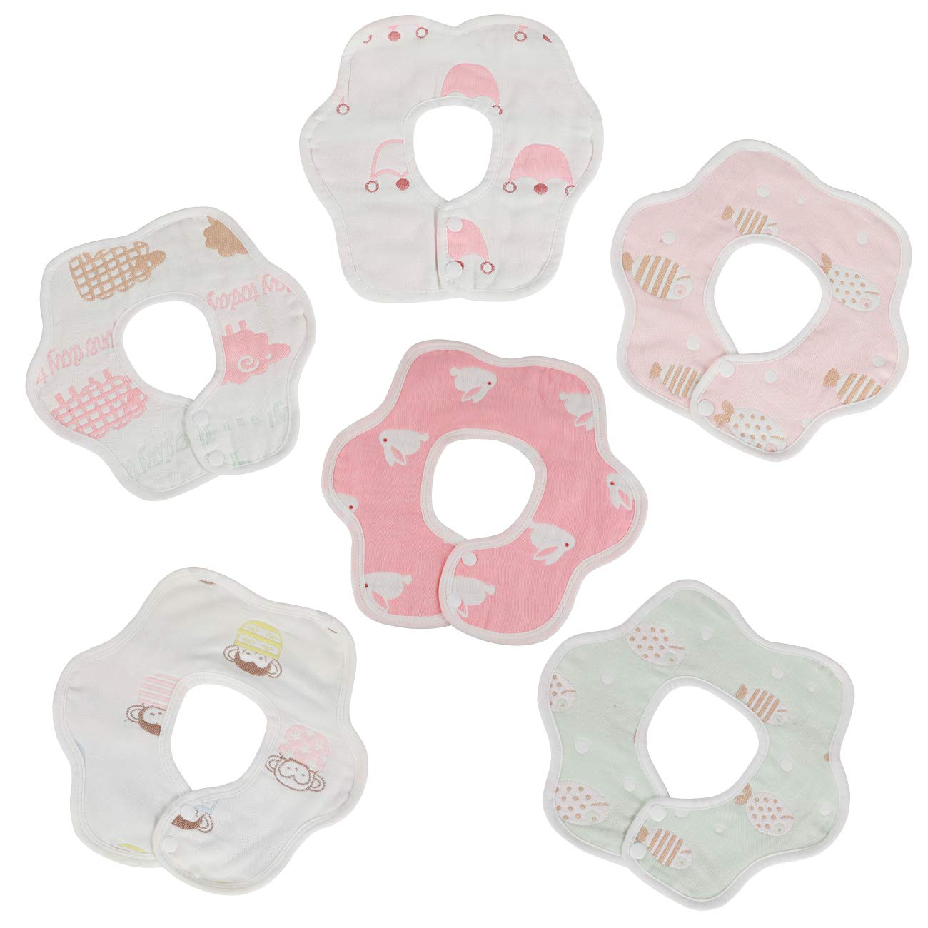 EXTSUD Baby Bibs Set of 6 Pieces, Cotton Gauze Bibs Flower Shape 360° Rotatable Baby Saliva Towel with Double Buckle Reusable Cloth for Burp Bimba