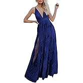 Dokotoo Womens Formal Dresses Deep V-Neck Embroidered Lace Mesh Evening Party Prom Dress Long Wedding Dress