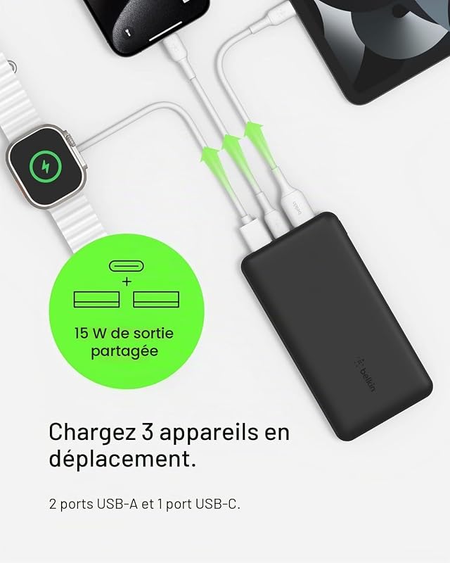 batería externa portátil de 10000mAh, cargador externo USB-C con 1 puerto USB-C y 2 puertos USB-A, power bank de 15 W, batería portátil para iPhone, Galaxy, Pixel, AirPods, iPad y otros - Noir