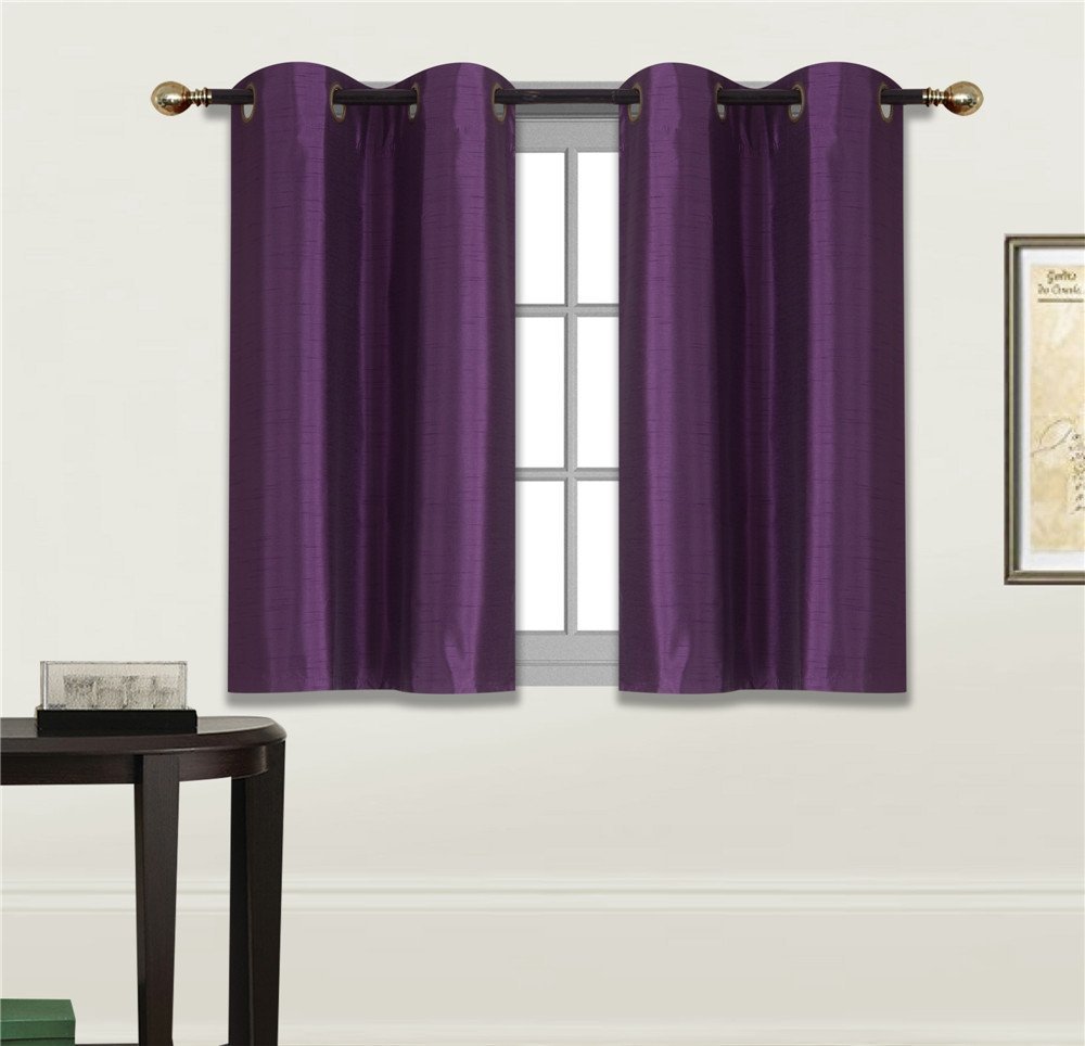 Elegant Home 2 Panels Tiers Grommets Small Window Treatment Curtain Faux Silk Insulated Blackout Drape Short Panel 28" W X 36" L Each for Kitchen Bathroom or Any Small Window # D24 (Dark Purple/Plum)