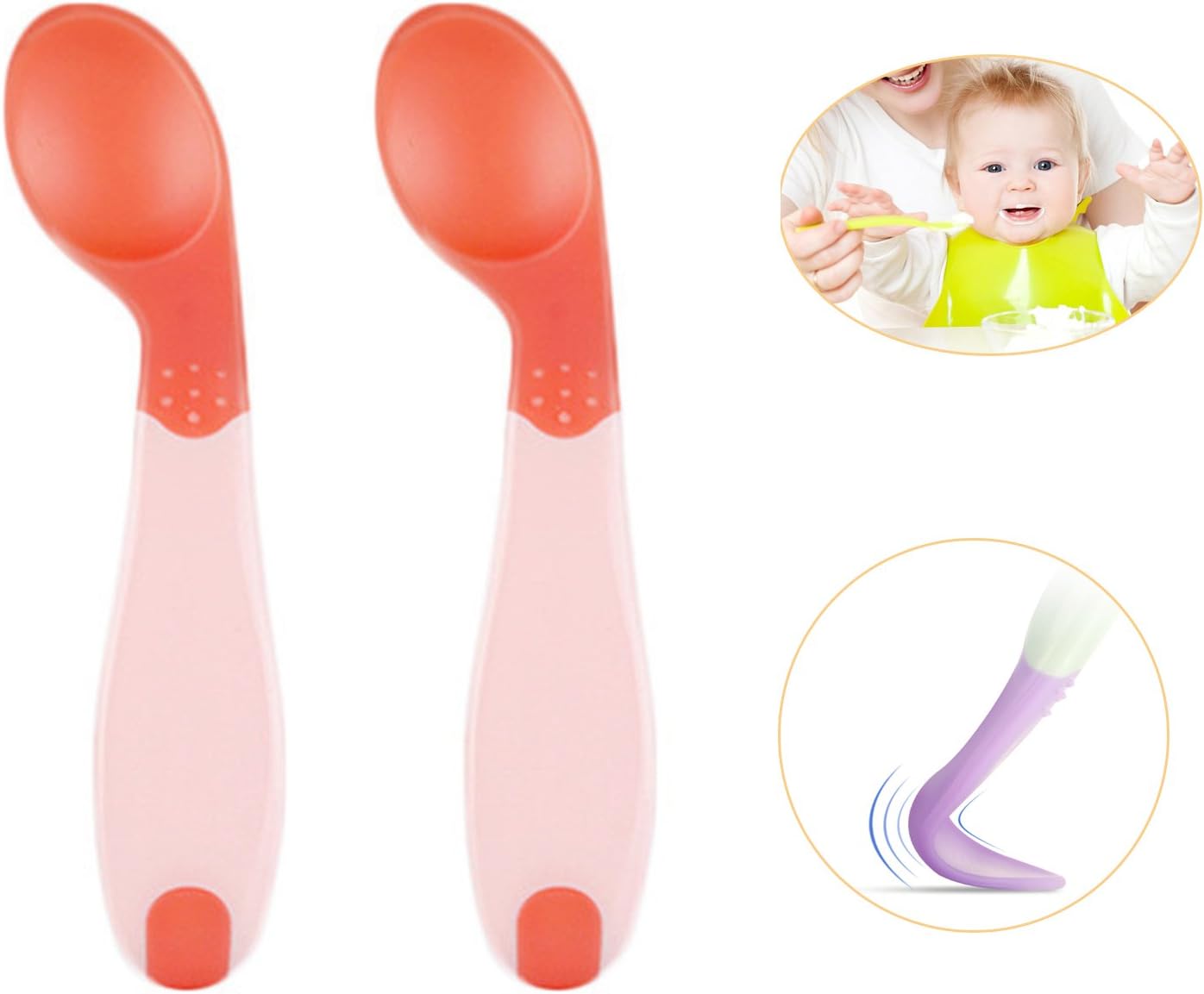 Baby Spoons Soft-Tip Newborn Baby Starter Feeding Spoon Temperature Sensing Infant White Hot Safety Spoons 2Pcs (orange)