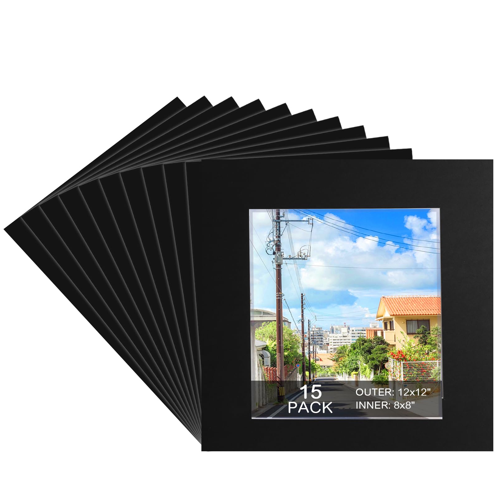 Photo 1 of 15 Pack 12x12 Black Picture Mats, Frame Mattes for 8x8 Pictures Display Photo Frame Mat Core Bevel Cut Mat Board Show Kit for Photos, Prints, Artworks