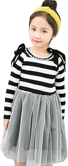 Amazon Piite ドレス キッズ 女の子 ワンピース ストライプ レース プリンセス バイカラー おしゃれ 子供服 ガールズ 無地 シンプル キレイめ ニット ファッション 可愛い 通気 柔らかい ワンピース チュニック 通販