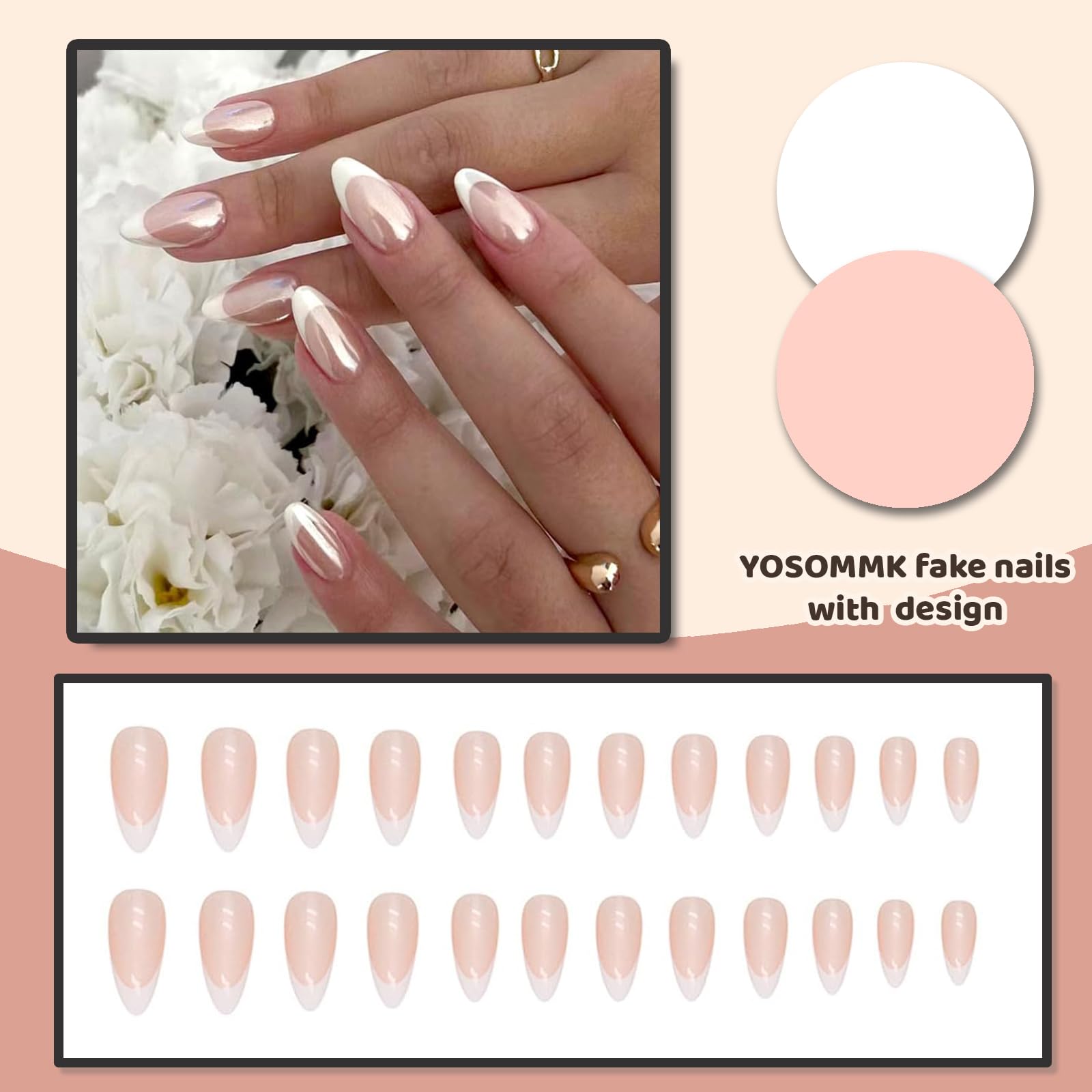YOSOMMK French Tip Chrome Press on Nails Almond Medium Fake Nails with Mirror Designs Glossy Glue on Acrylic Nails Nude Full Cover False Nails for Women - Image 4
