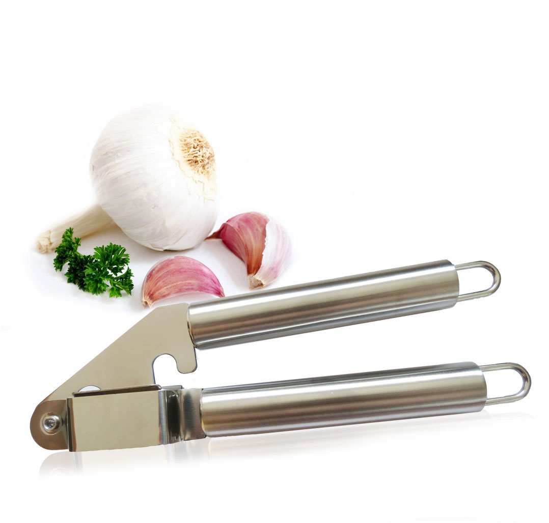 Garlic Press and Peeler Best Set. Stainless Steel Kitchen Minced Garlic Cloves Crusher + Silicone Peeler / Fruit Squeezer Utensils Cooking Tools