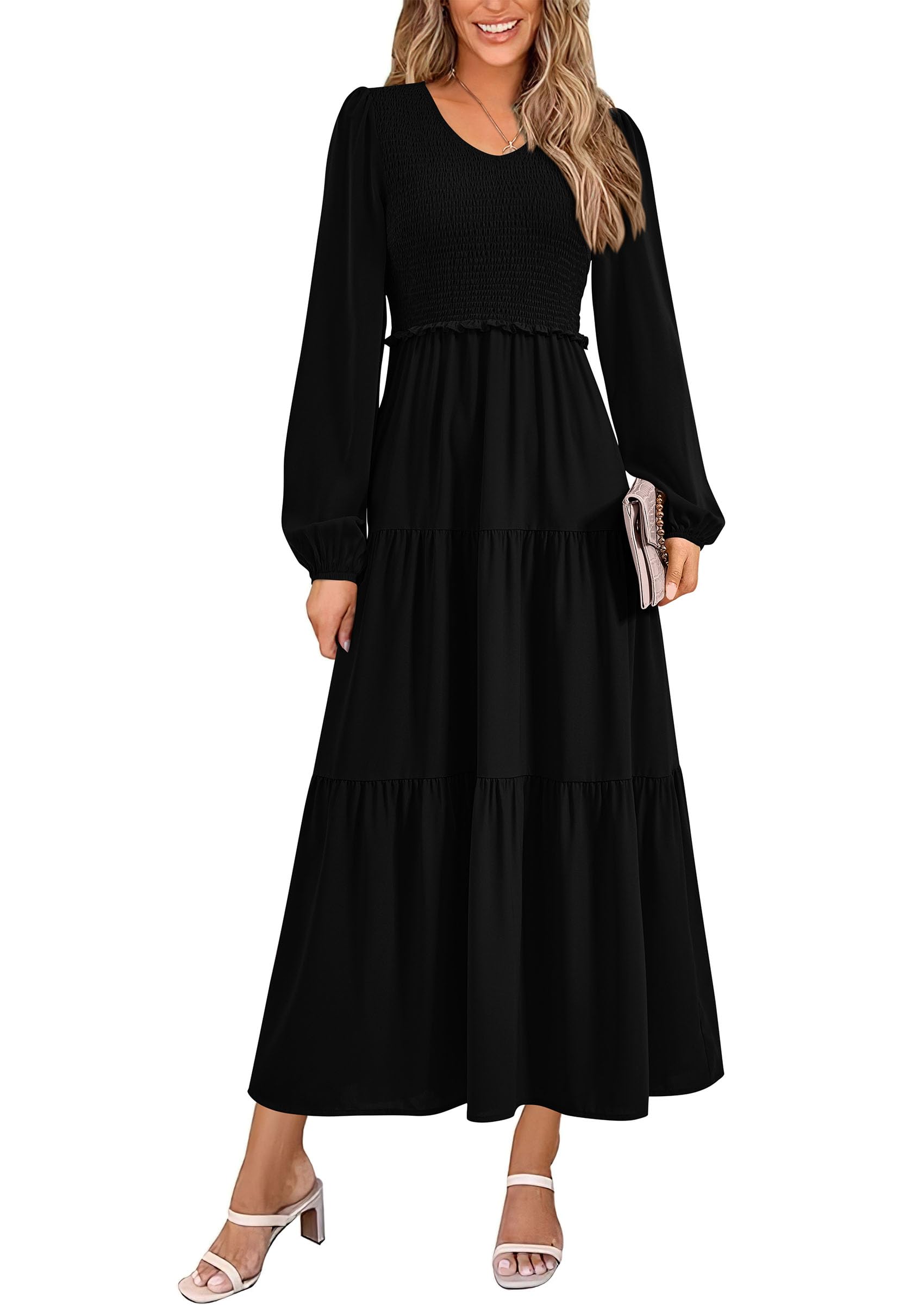Photo 1 of *** photo for reference****** PRETTYGARDEN Fall Dresses for Women 2025 Casual Long Sleeve V Neck Smocked A Line Long Flowy Wedding Guest Dress (Black,Small)