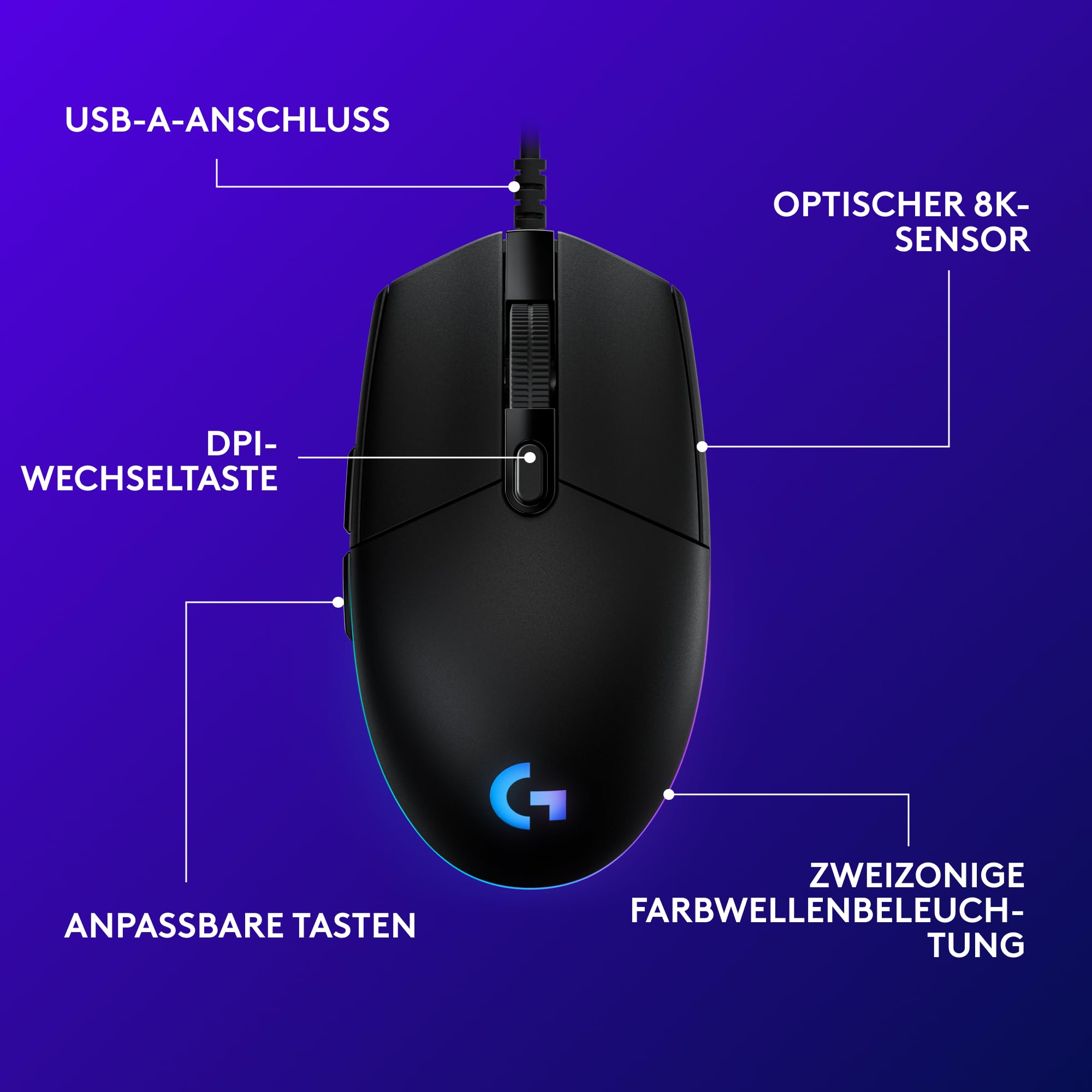 Logitech G203 Gaming-Maus mit anpassbarer LIGHTSYNC RGB-Beleuchtung, 6 programmierbare Tasten, spieletauglicher Sensor, Abtastung mit 8.000 DPI, Geringes Gewicht - Schwarz 7