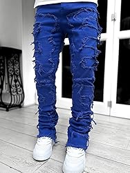 Kodaruber Mens Stacked Jeans Slim Fit Ripped Skinny