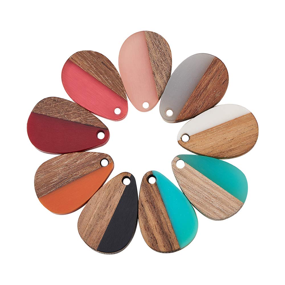 Airssory 50 Pcs Handcrafted Geometrical Resin & Wood Charms Wooden Pendants Drop Shape for Jewellery Making DIY Component Earrings Findings - 21.5x14.5mm