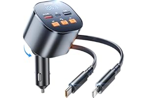 SUPERONE Bluetooth 5.3 Car Adapter with Retractable Charger PD 30W, FM Transmitter Radio Receiver, Handsfree Calling & Audio Receiver, MP3 Music Player, LED Display Hands-Free Calling Support USB