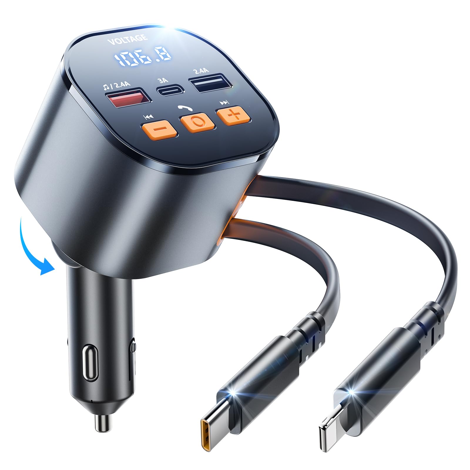 SUPERONE Bluetooth 5.3 Car Adapter With Retractable Charger - FM Transmitter & 81W Fast Charging