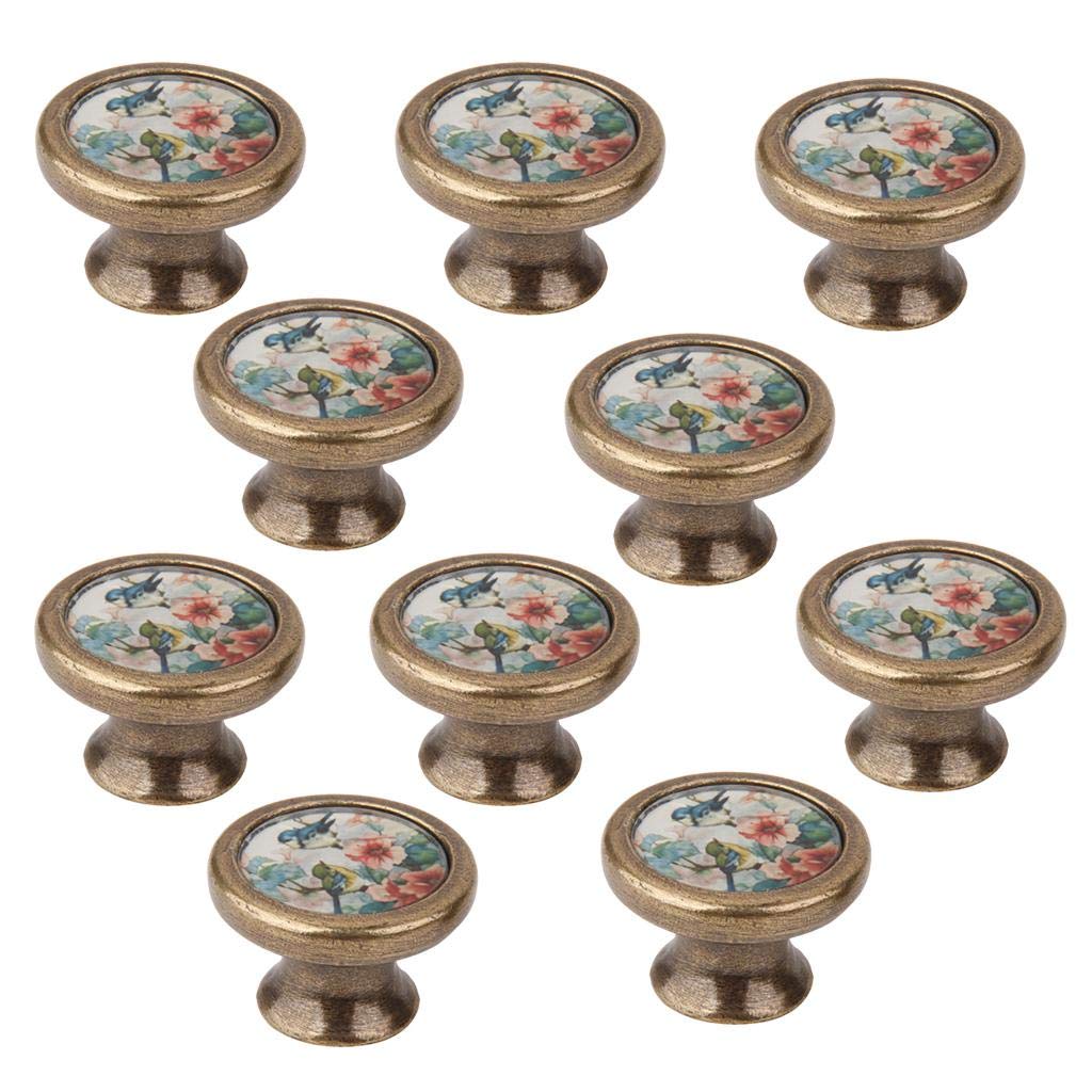 LOVIVER 10 Packs Bird Flower Pattern Door Knobs and Pulls for Kitchen Cupboard and Drawer