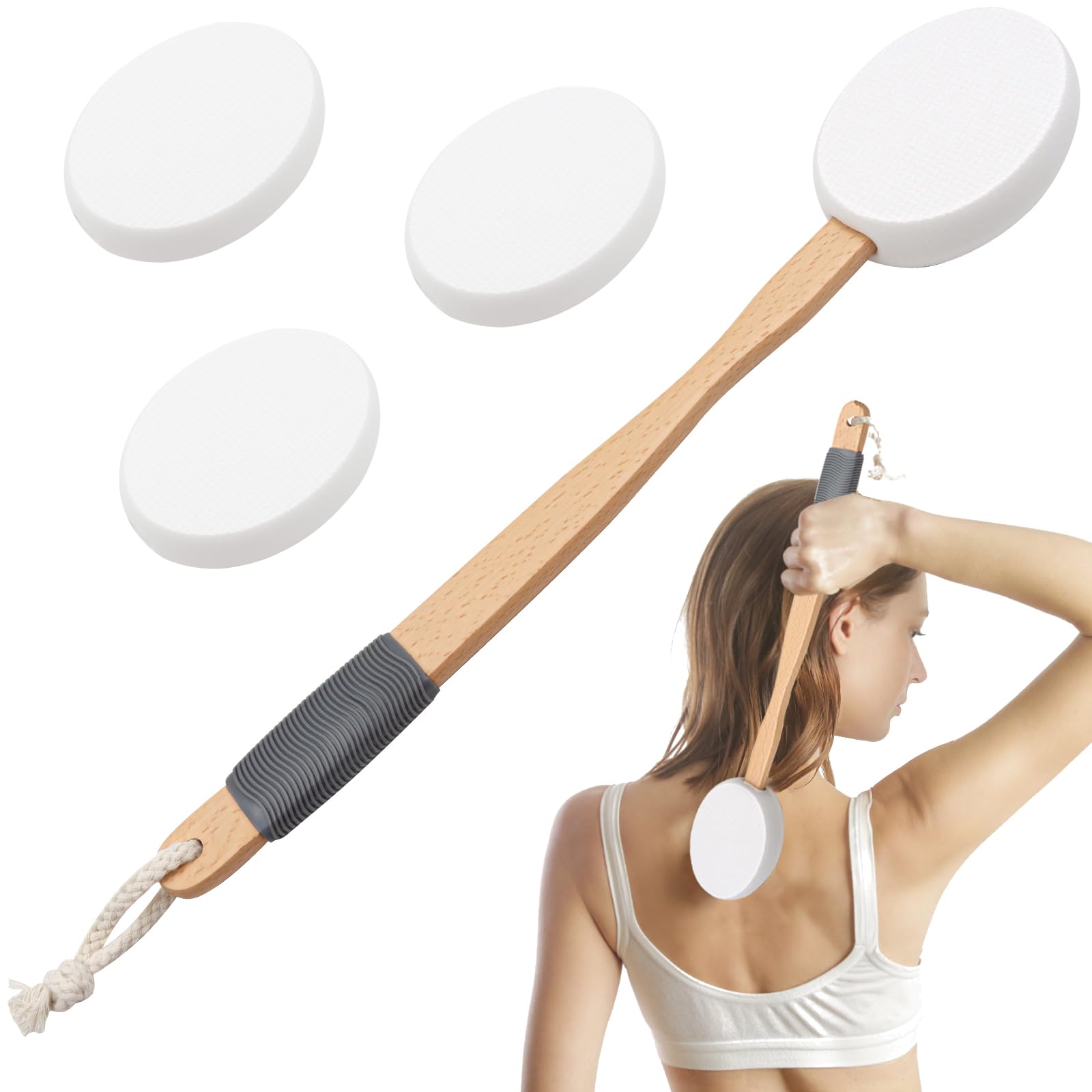 ZOCONE Lotion Applicator - 17'' Long Handled Back Cream Applicator with 2 Replacement Pads, for Cream, Moisturiser & Skincare (White)