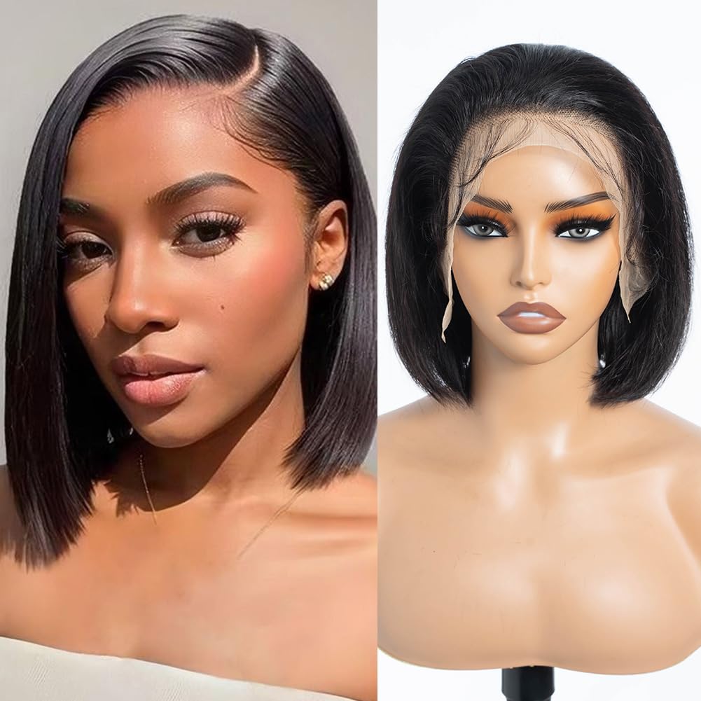 DÉBUT Straight Bob Wigs Human Hair 13X4 Lace Front Bob Wig Human Hair Pre Plucked with Baby Hair 180% Density Glueless Wigs for Women(10 Inches, Natuarl Black)