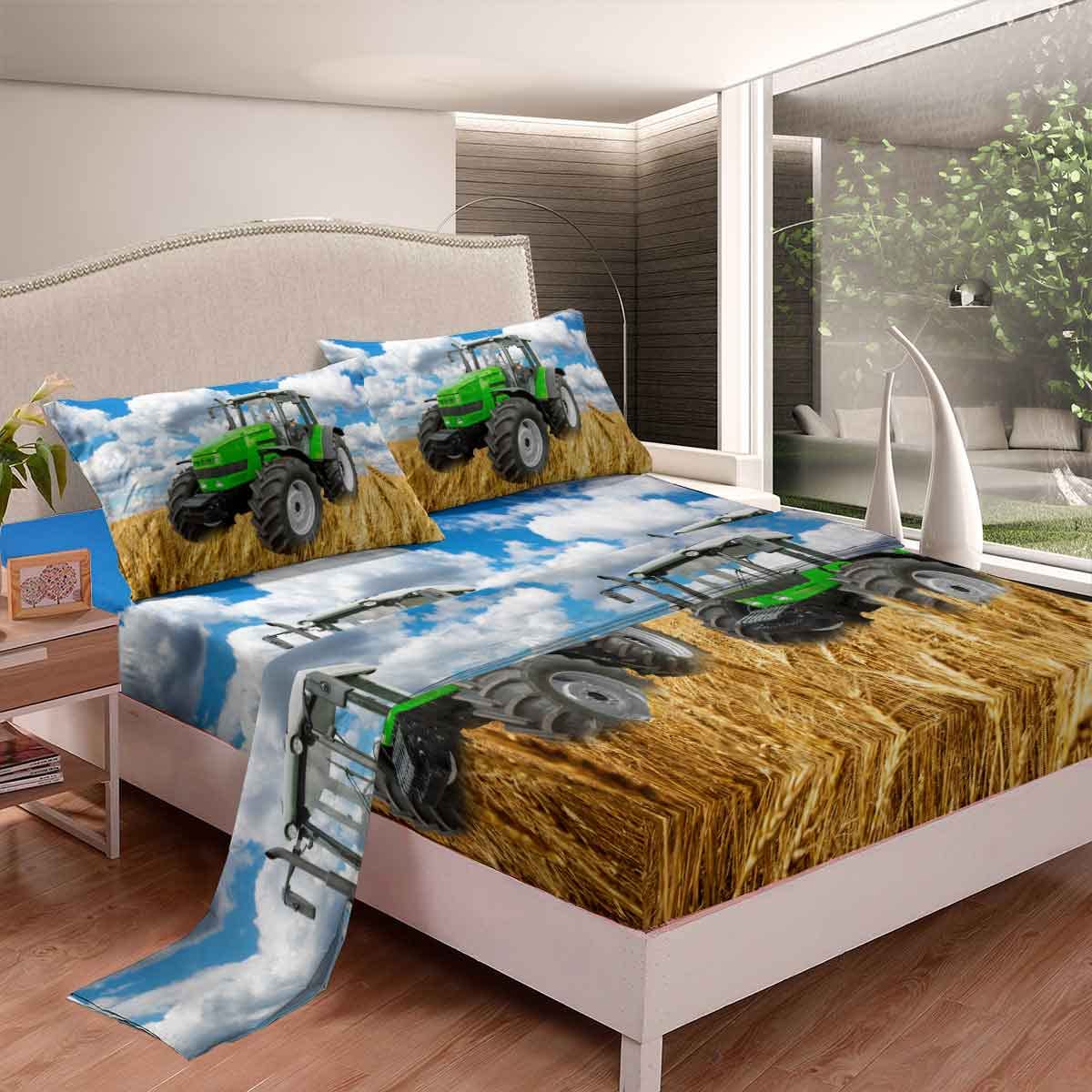 Vehicles Bed Sheet Set Tractors Bedding Sheets Heavy Machinery Cars Fitted Sheet for Kids Boys Men Farmhouse Country Style Bed Cover Room Decor With 1 Flat Sheet+ 1 Fitted Sheet+ 2 Pillowcase King