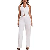 Two Piece Sets for Women Summer V Neck Button Down Sleeveless Halter Vest Tops Wide Leg Pants Sets Matching Sets